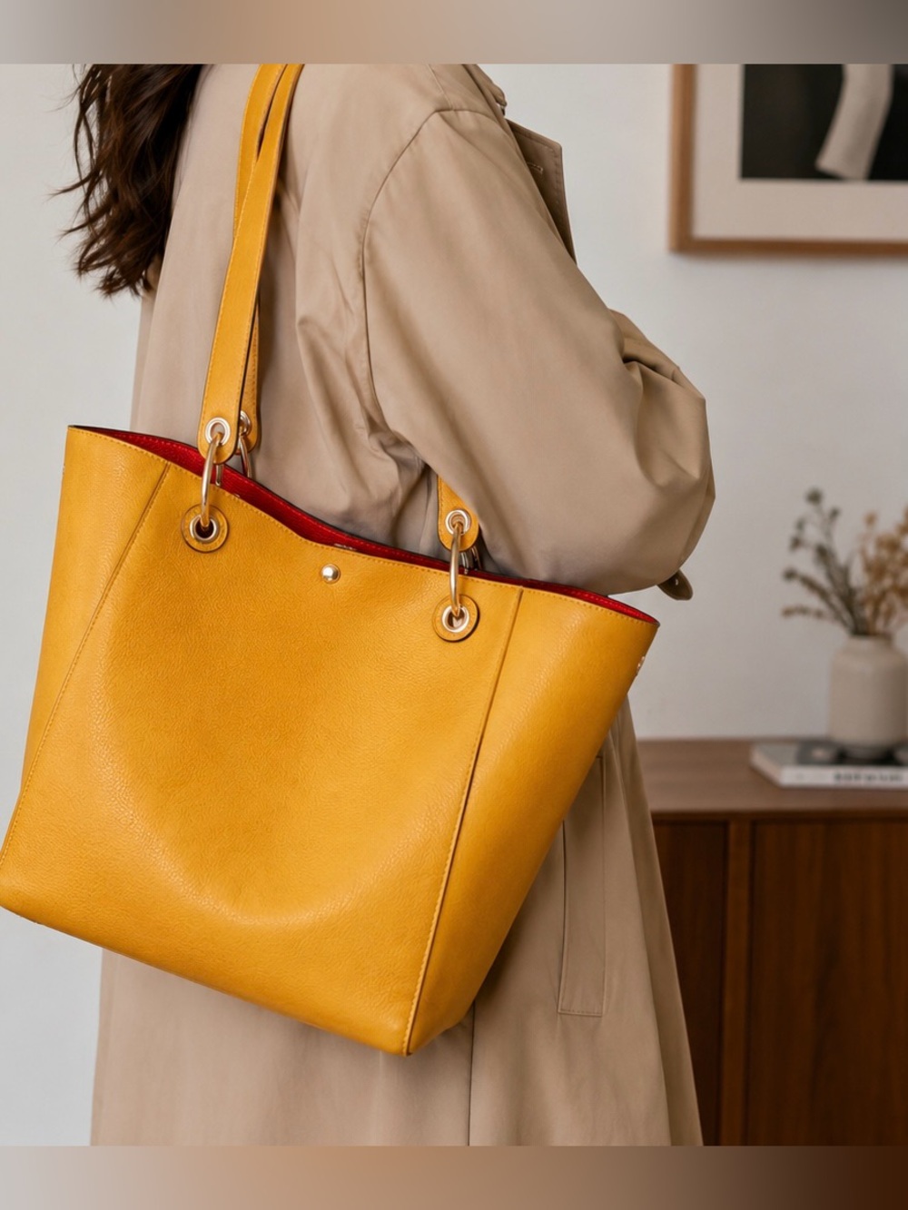 Mustard Yellow Oversized Tote Bag Red Interior Vegan Leather Shoulder Bag